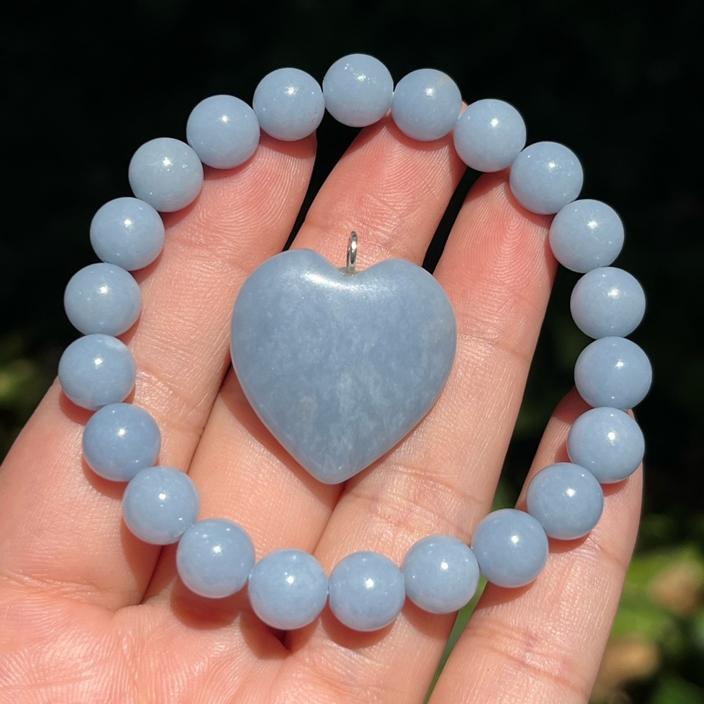 Sterling silver dainty Angelite‎ heart and bracelet set